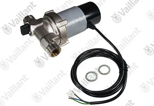 Vaillant Pumpe mit Metallgehäuse, elektrischer Anschluss, zwei Anschlussgewinden und Kabel mit vier Drähten. Gezeigt mit zwei Unterlegscheiben.